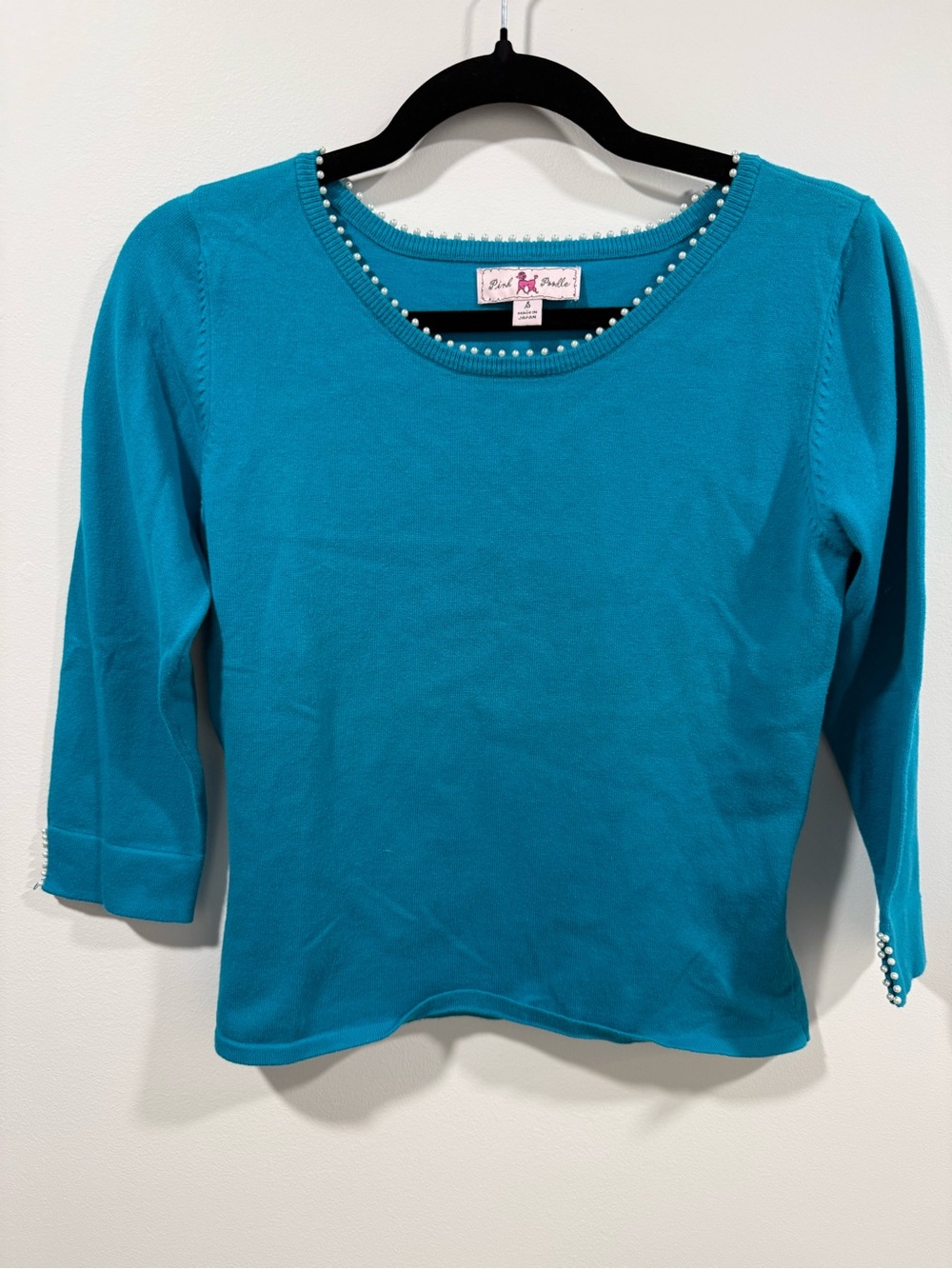Pink Poodle Teal Pearl-Trim Crewneck Sweater